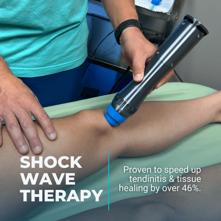 Shockwave Therapy device being used to treat a patient's tendonitis and tissue damage.