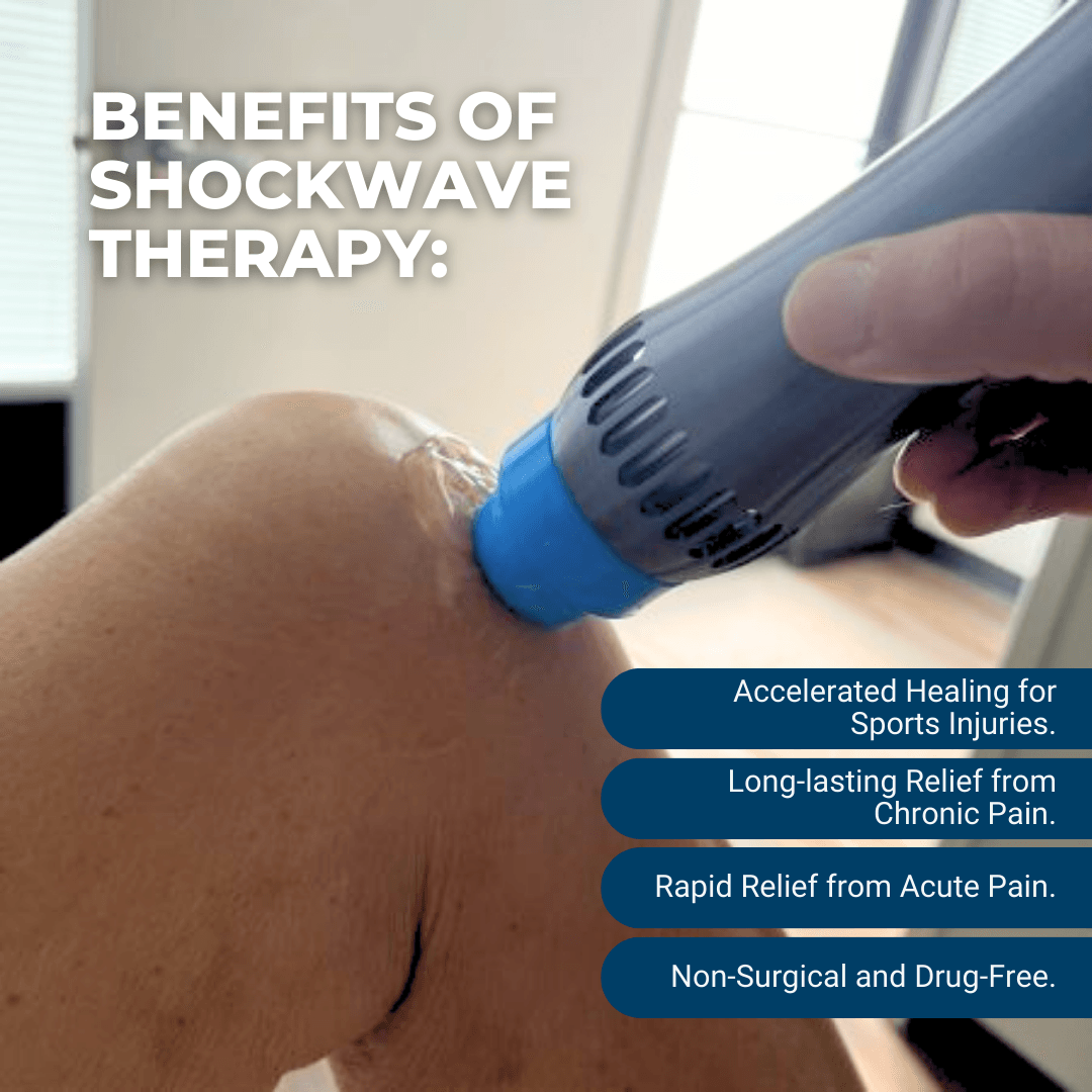 Physical Therapist applying Shockwave Therapy device on a patient's knee, showcasing its benefits.